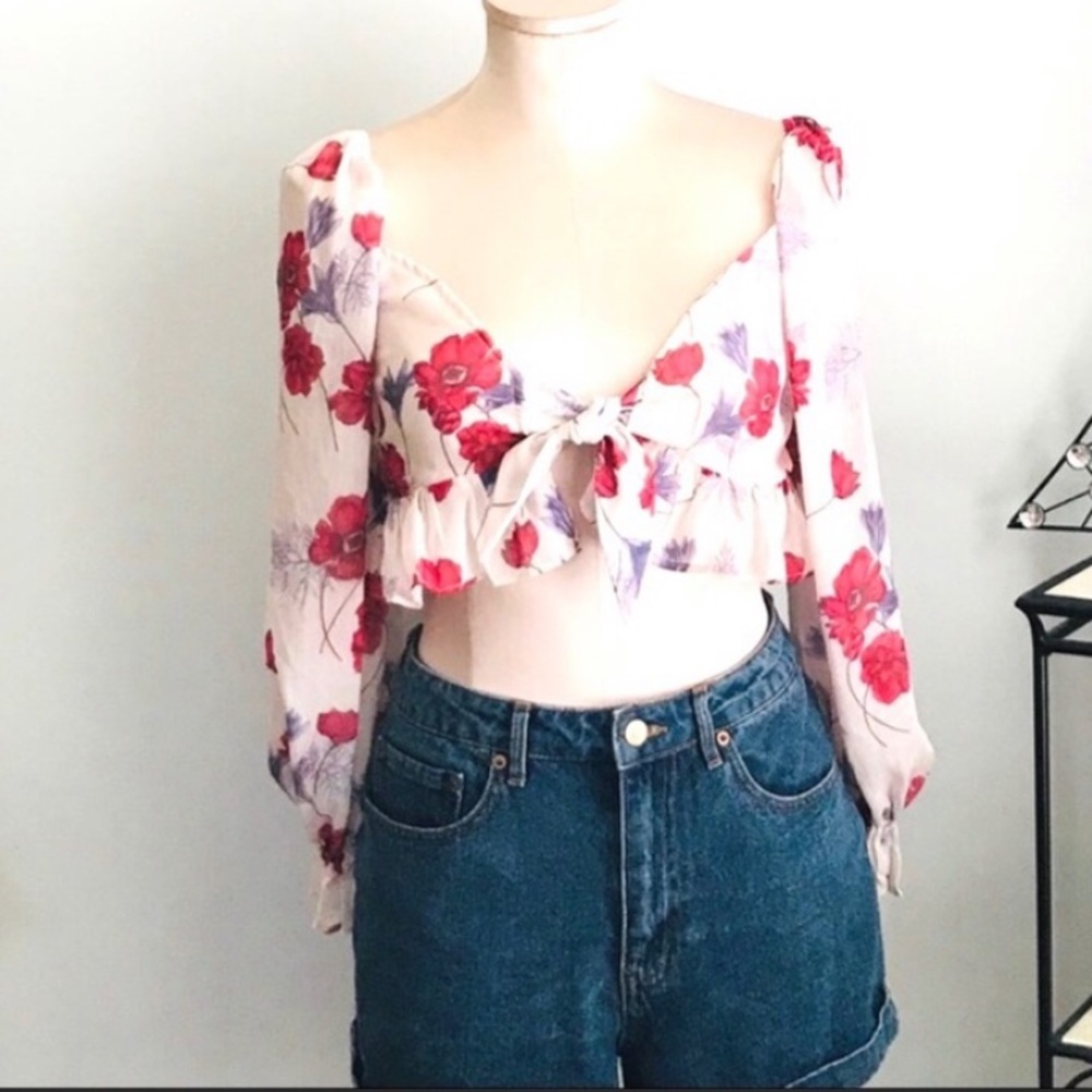 Revolve Front Tie Ruffle Cropped Blouse - Picture 3 of 6
